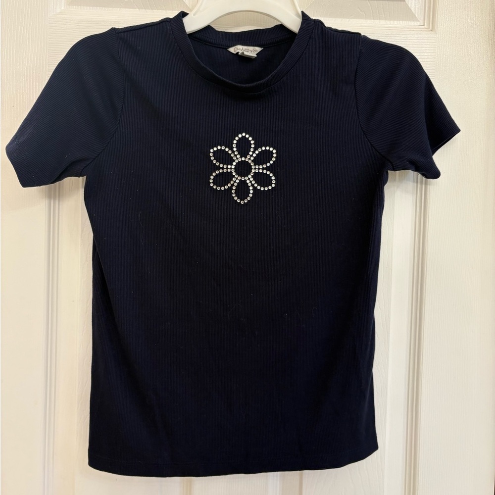Charlotte Navy Ribbed Shirt with Rhinestone Flower Design - Picture 2 of 6